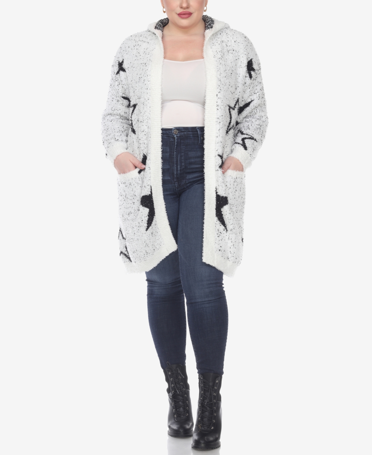 Mark Plus Size Hooded Open Front Sherpa Sweater - White, Black Stars
