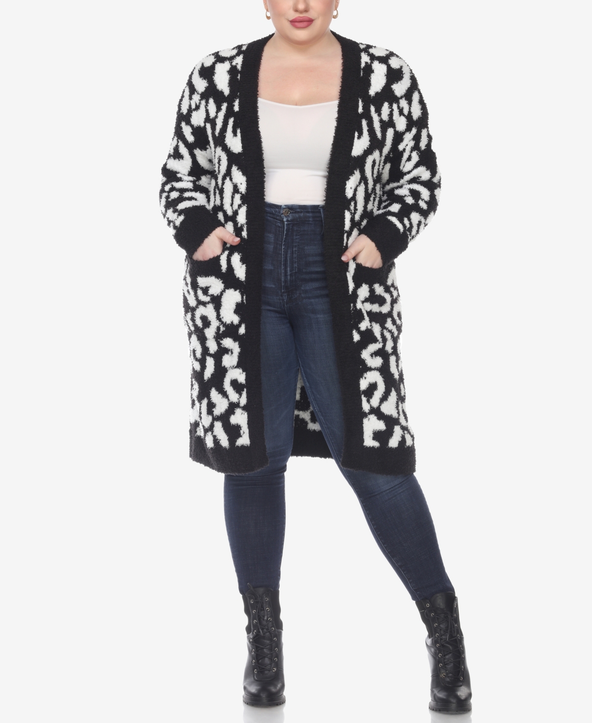White Mark Plus Size Leopard Print Open Front Sherpa Sweater In Black,white