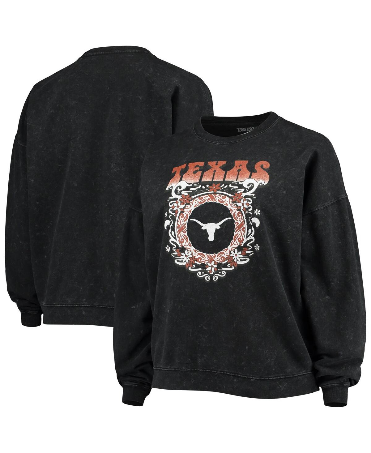 Women's ZooZatz Black Texas Longhorns Garment Wash Oversized Vintage-Like Pullover Sweatshirt - Black