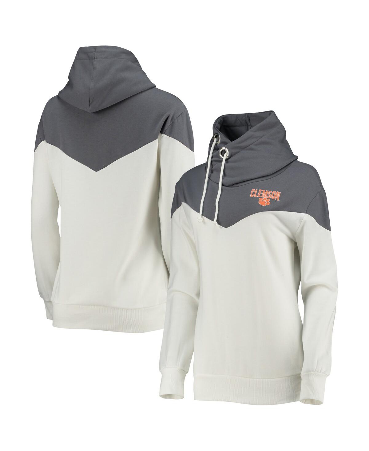 Women's Gameday Couture White, Gray Clemson Tigers Old School Arrow Blocked Cowl Neck Tri-Blend Pullover Hoodie - White, Gray