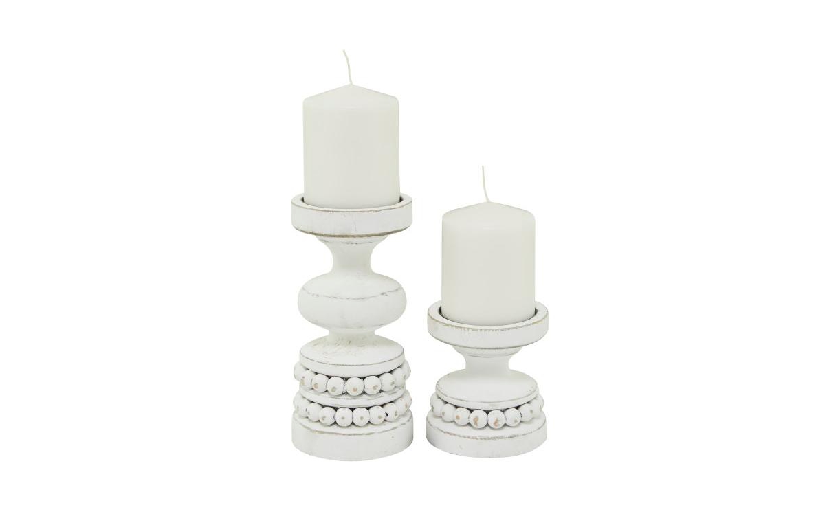 Wood Traditional 2 Piece Beaded Candle Holder Set