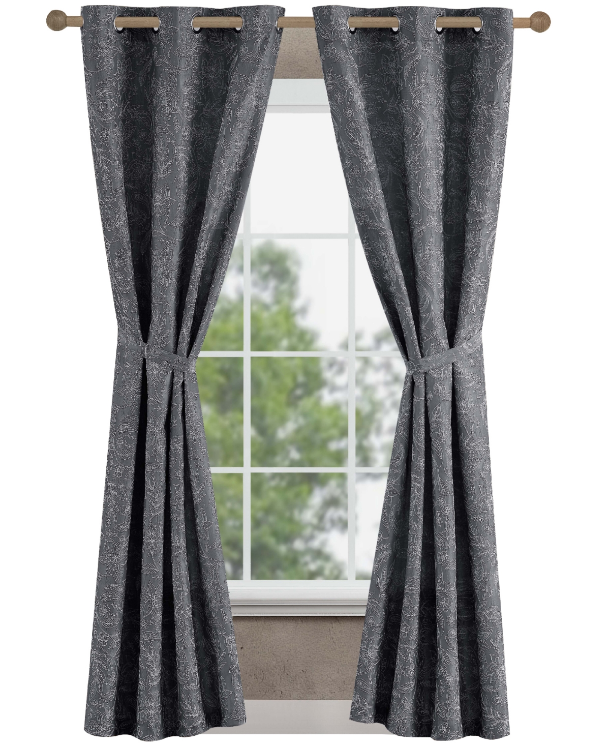 Jessica Simpson Groovy Paisley Textured Blackout Grommet Window Curtain Panel Pair With Tiebacks, 38" X 96" In Gray