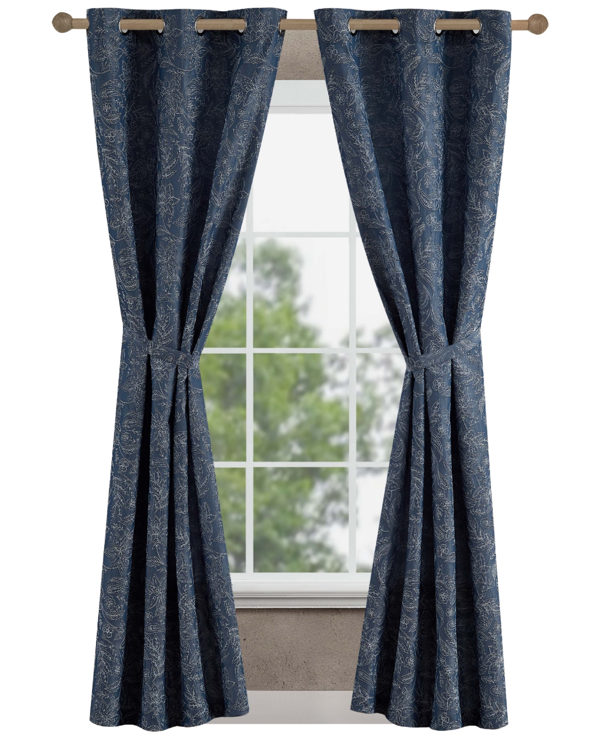 Jessica Simpson Groovy Paisley Textured Blackout Grommet Window Curtain Panel Pair With Tiebacks, 38" X 96" In Navy
