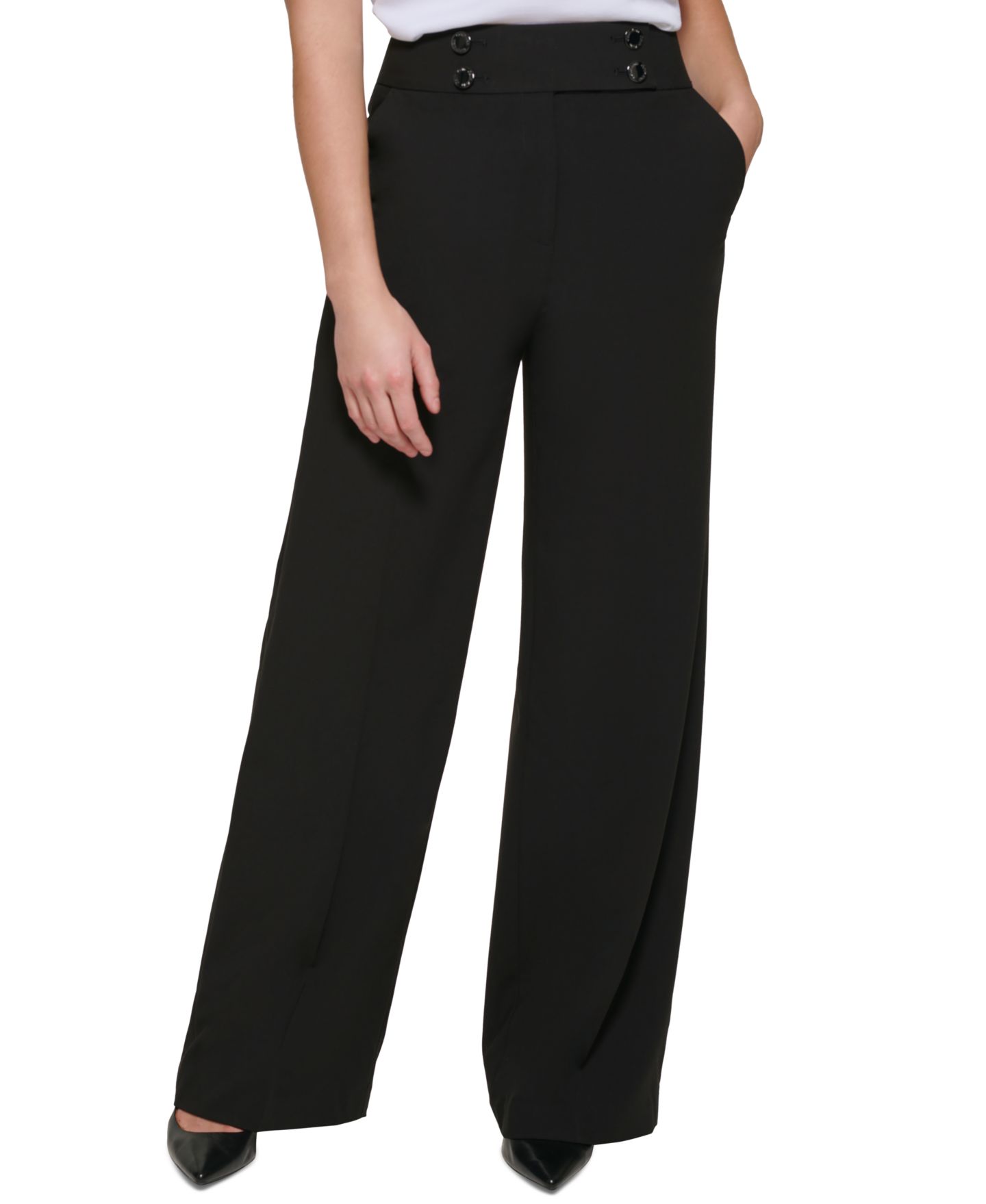 Женские брюки Calvin Klein Whitney Button-Front Wide-Leg, цвет: Чёрный — фото 1