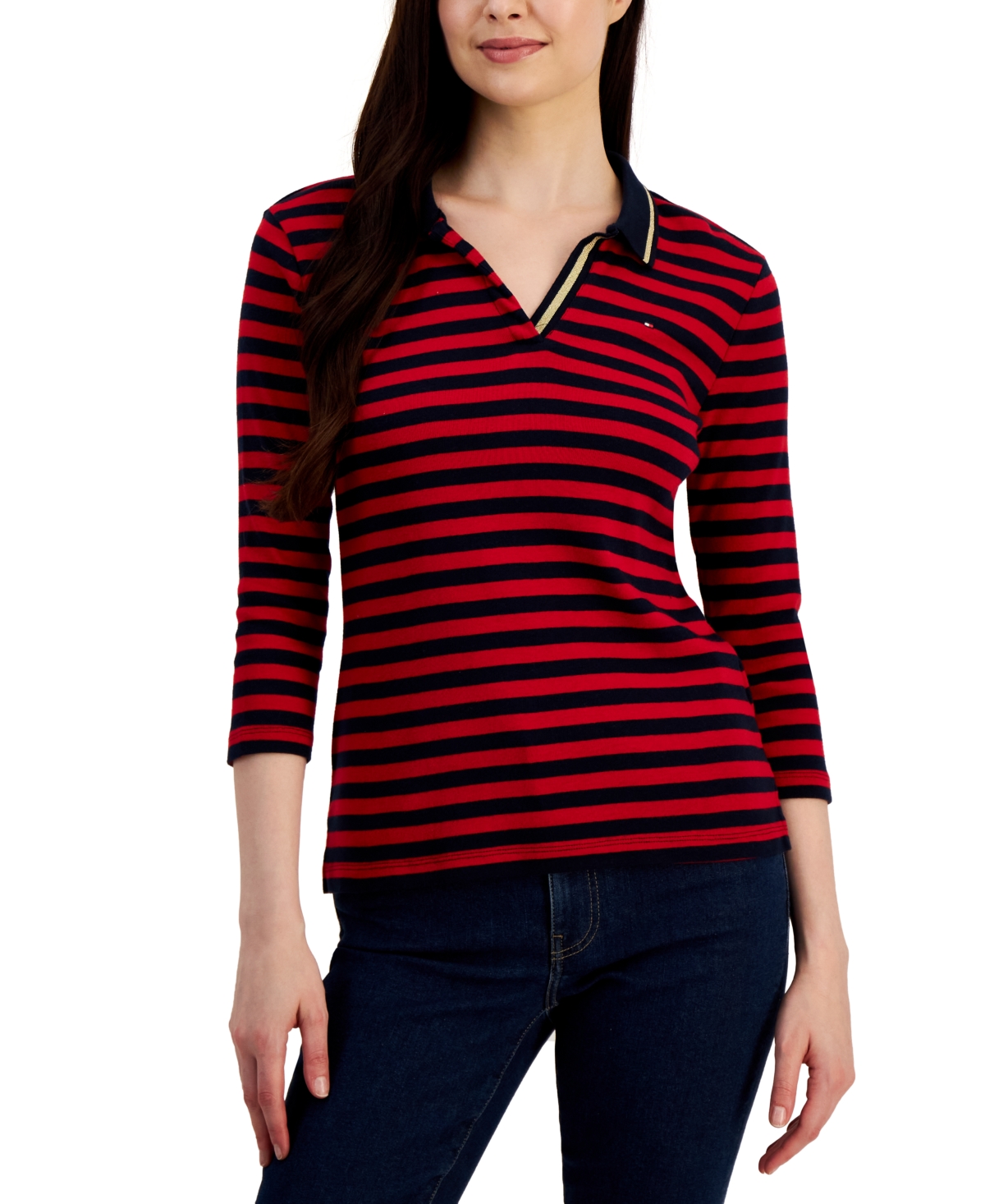 Tommy Hilfiger Women's Striped Cotton Johnny Collar Polo Top