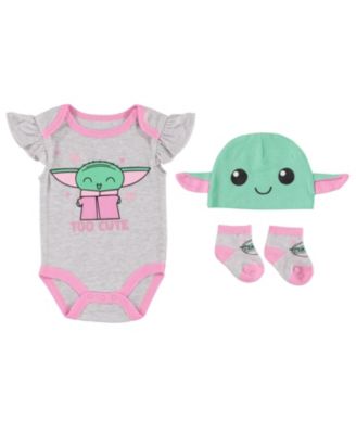 Happy Threads - Baby Girls Star Wars Baby Yoda Bodysuit, Cap and Socks, 3 Piece Set