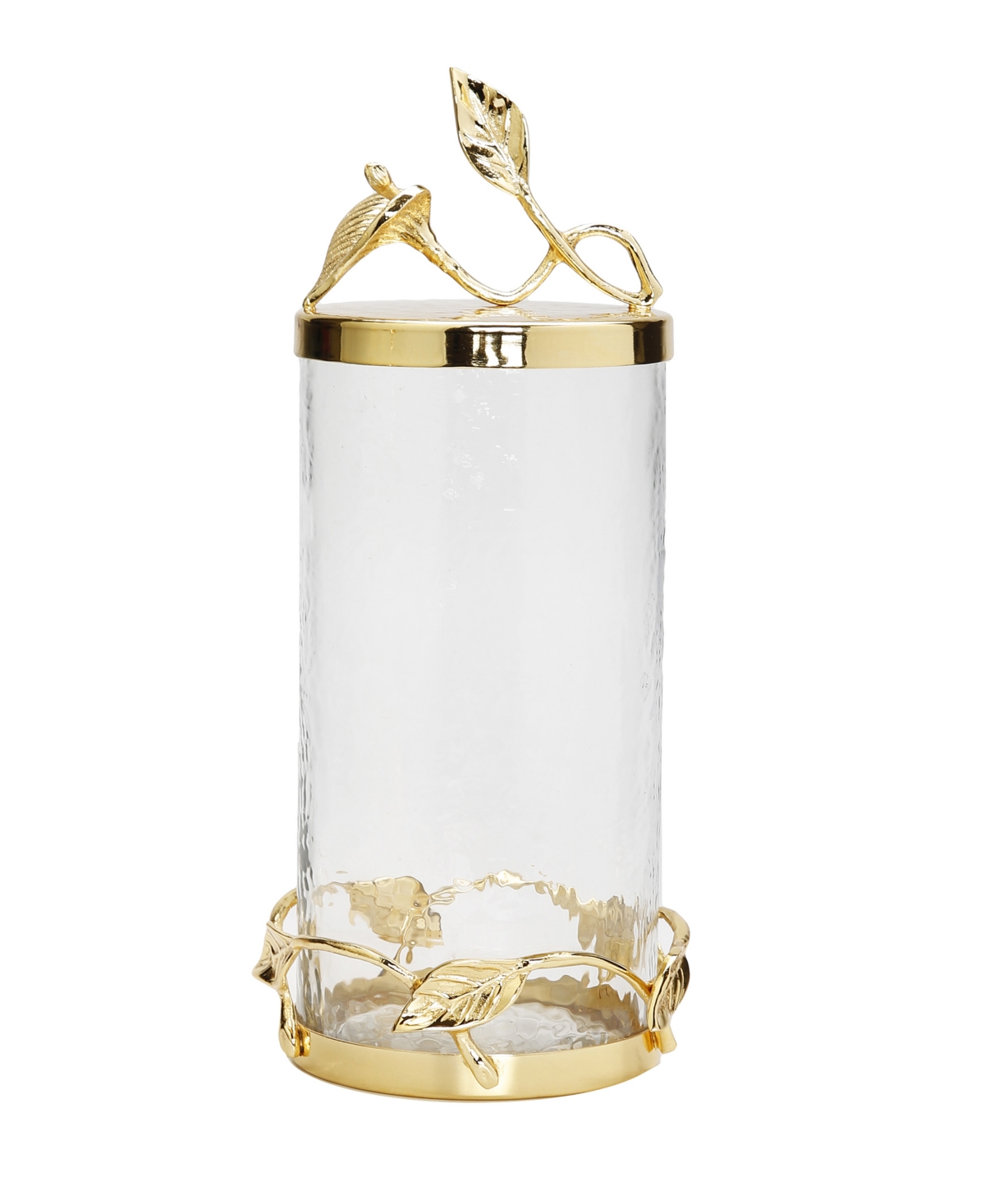 Hammered Glass Canister with Leaf Lid Large - Gold-Tone