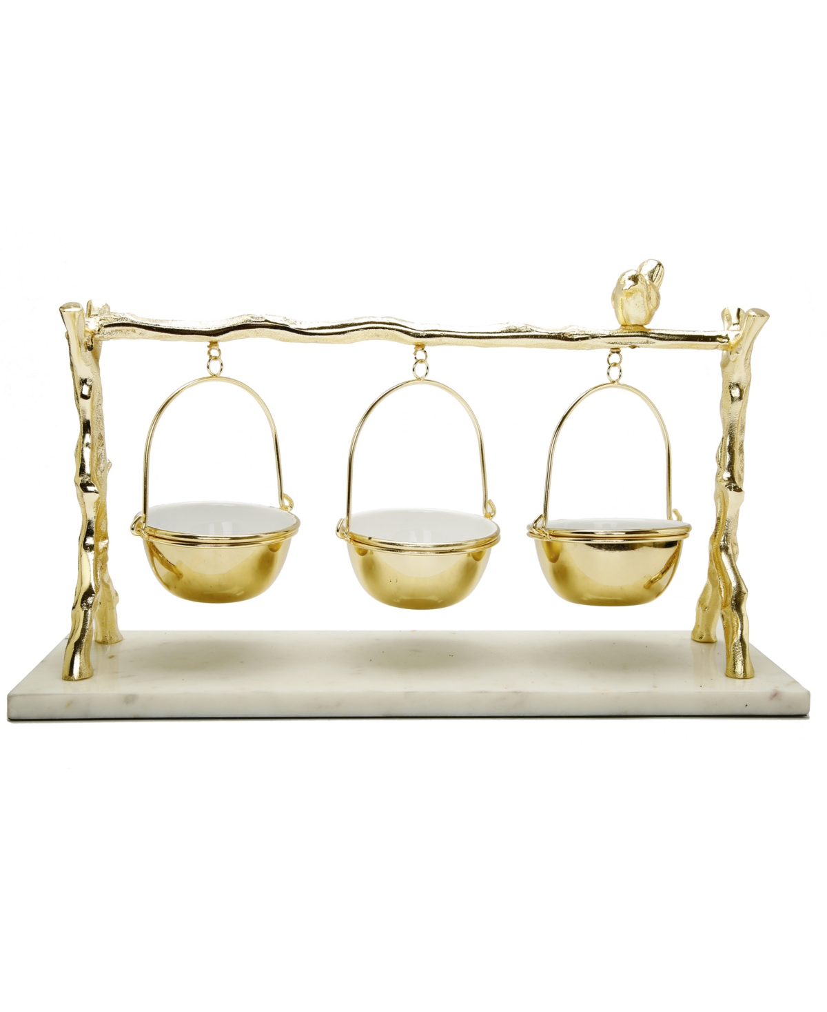 3 Hanging Bowls on Branch and Bird Stand with Marble Base - Gold-Tone