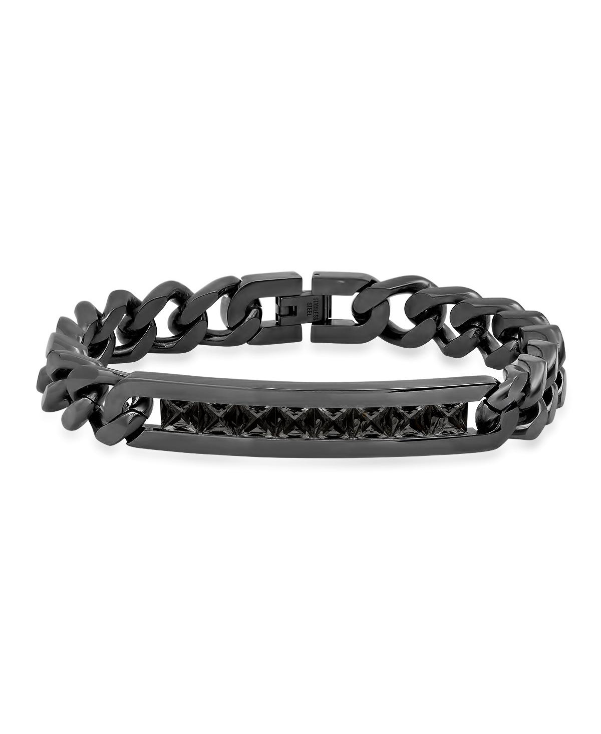 Black Ion Plating Thick Cuban Link Chain and Simulated Black Diamonds Id Bracelet - Black