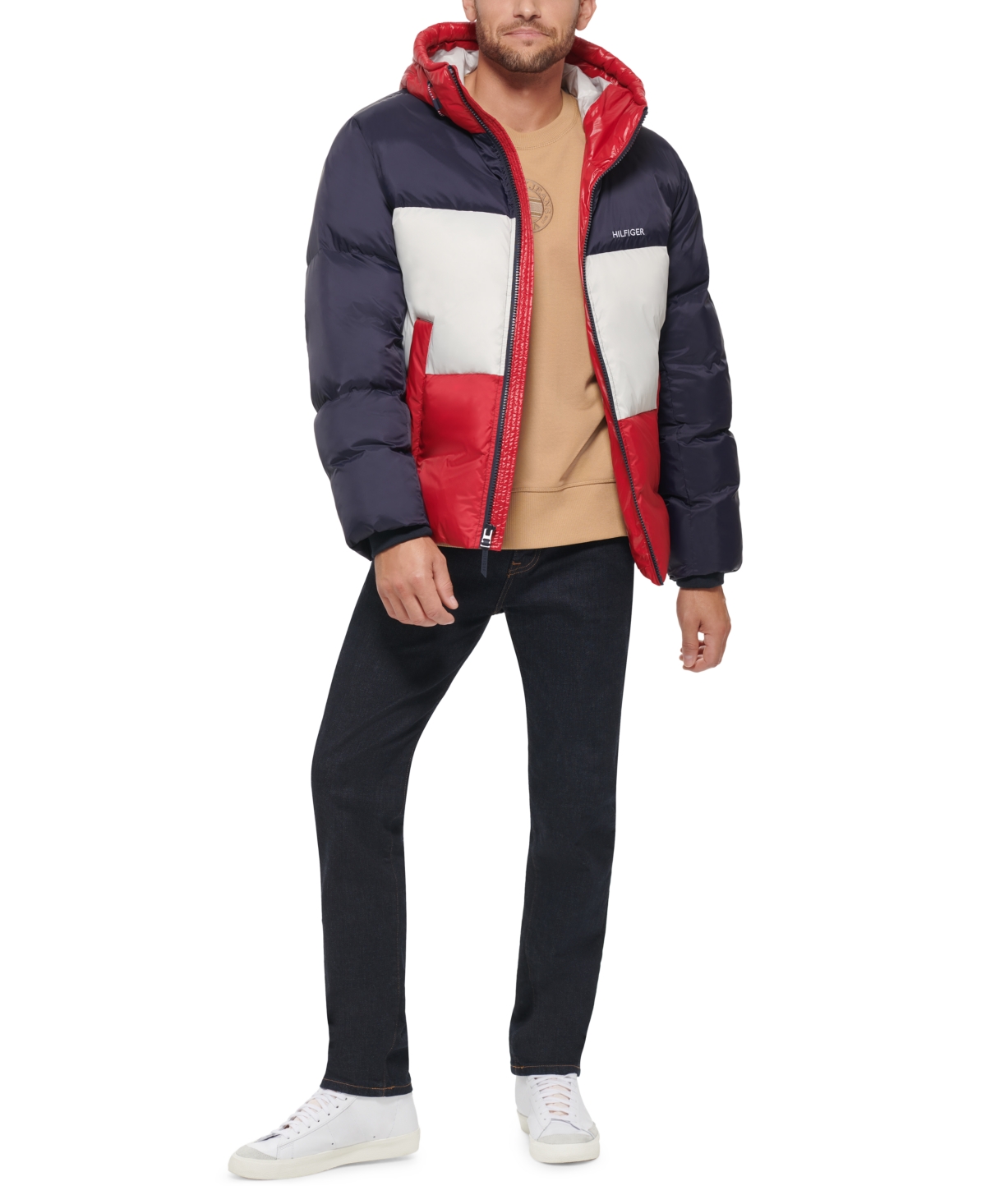 Tommy Hilfiger Men's Colorblock Performance Hooded Puffer Jacket -Ice/Red Combo