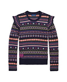 Big Girls Long Sleeves Ruffled Fair Isle Cotton-Blend Sweater