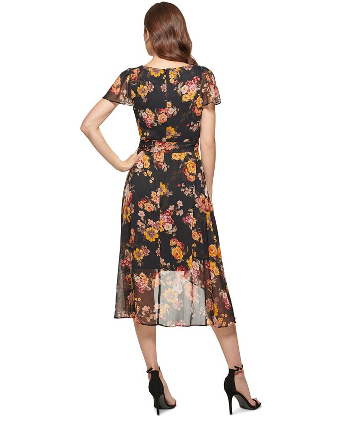 Cezele Floral Print Flutter Sleeve Midi Dress