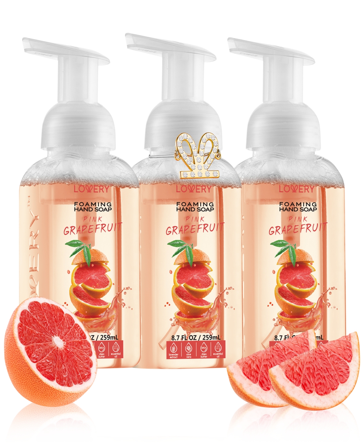 Lovery Hand Foaming Soap in Pink Grapefruit, Moisturizing Hand Soap with Flawless Crystal Heart Bracelet - Hand Wash Set, 4 Piece