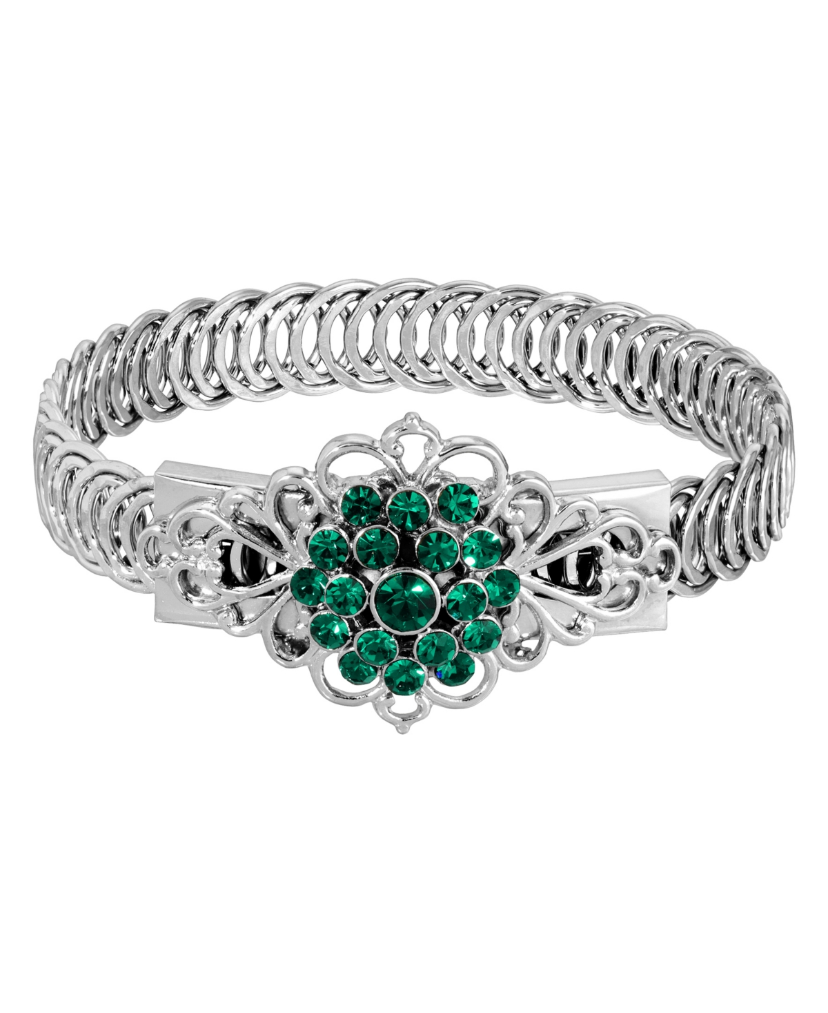 Silver-Tone Emerald Green Flower Overlay Belt Bracelet - Green