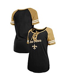 Women's Black, Gold New Orleans Saints Logo Lace-Up Raglan T-shirt