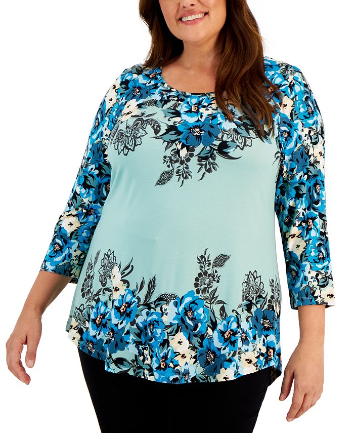 JM Collection Plus Size Printed 3/4-Sleeve Top, Created for Macy's - Macy's