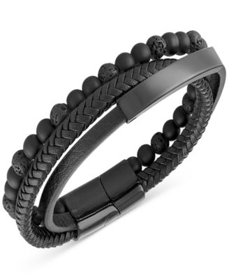 Men's Onyx & Lava Bead Triple Row Braided Leather Bracelet in Black Ion-Plated Stainless Steel (Also in Onyx/Sodalite)