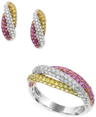 2 Pc. Set Yellow Pink Sapphire 2 1 2 Ct. T.W. Diamond 1 Ct. T.W. Earrings Ring In 14k White Gold