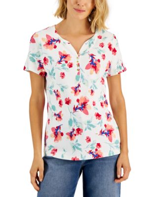 Karen Scott - Petite Patricia Short-Sleeve Floral-Print Henley T-Shirt