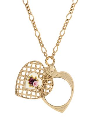 Gold-Tone Pink Flower Heart Mirror Pendant Necklace