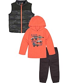 Little Boys Hooded T-shirt, Camo Vest and Twill Joggers, 3 Piece Set