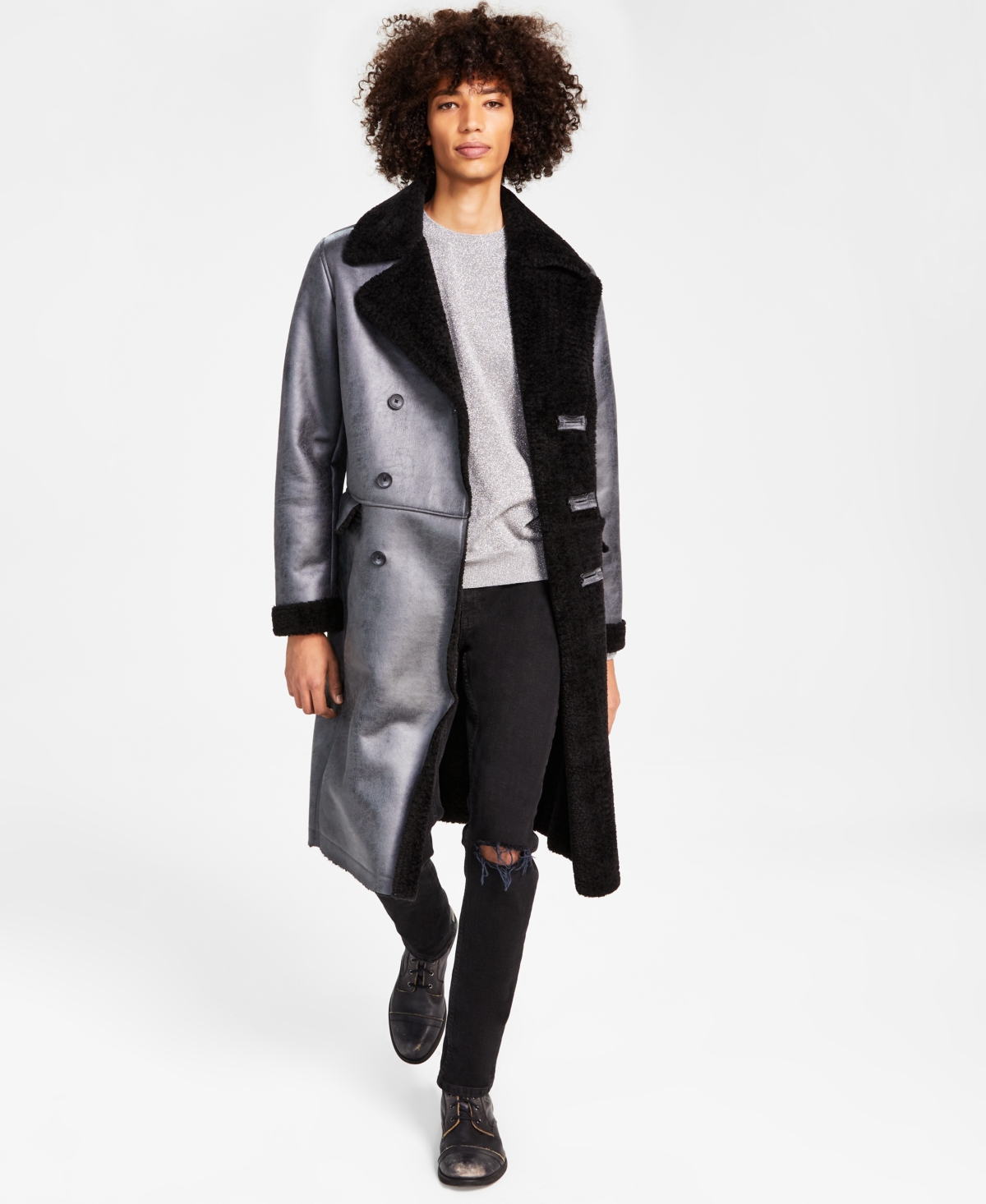 Inc International Concepts Men's Classic-fit Faux-shearling Double-breasted Overcoat, Created For Macy's In Antique Tin