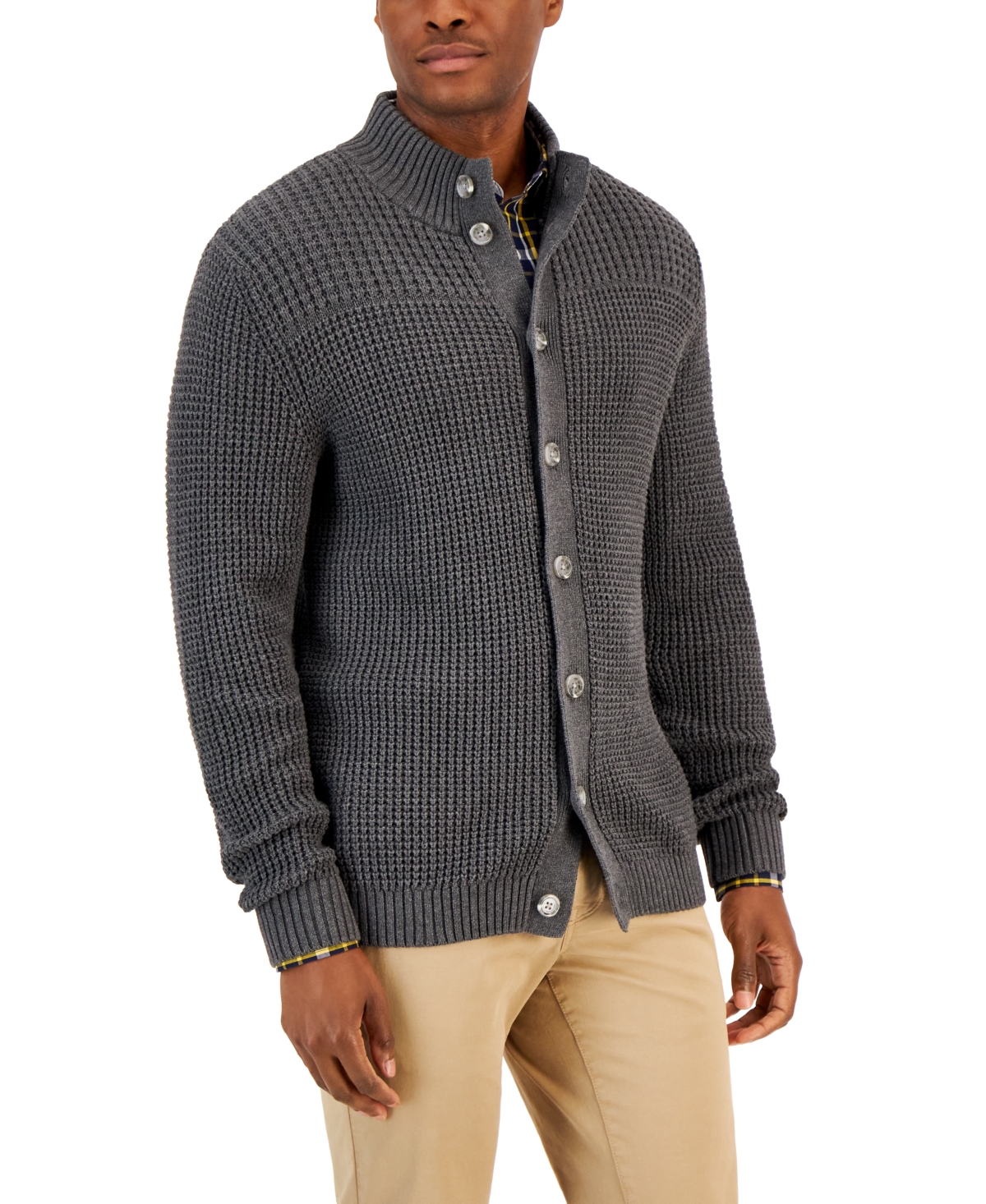 Men's Chunky Waffle Cardigan, Created for Macy's - Charcoal Heather