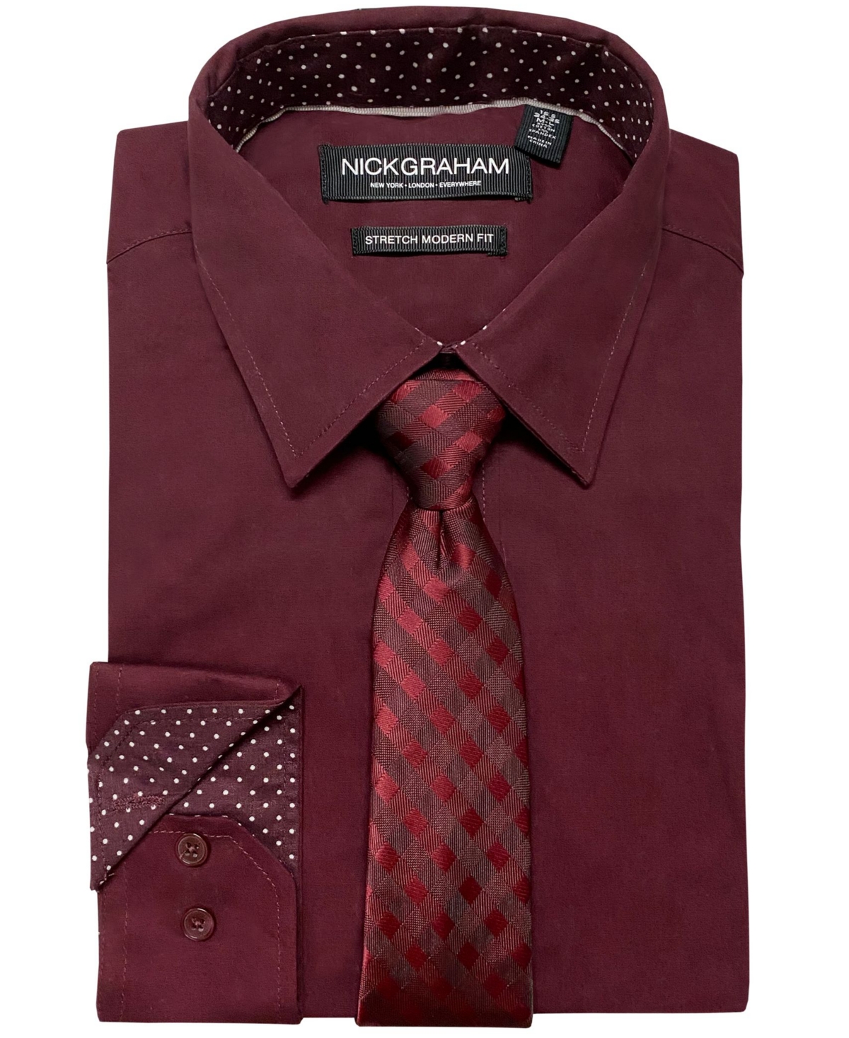 Men's Modern-Fit Stretch Dress Shirt & Tonal Plaid Tie Set - Burgundy