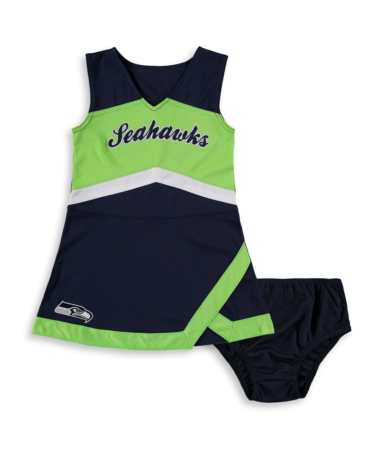 Outerstuff Babies' Little Girls College Navy, Neon Green Seattle Seahawks Cheer Captain Jumper Dress In Navy,neon Green