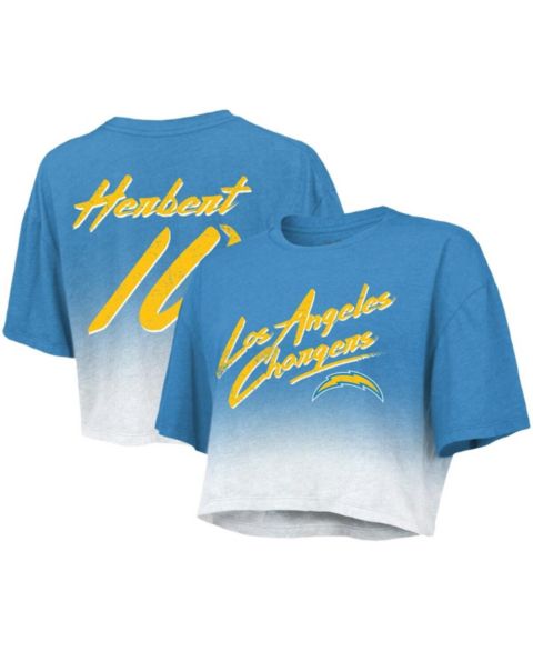 Женская футболка Majestic Threads Justin Herbert Powder Blue, White Los Angeles Chargers Drip-Dye Player Name and Number Tri-Blend Crop
