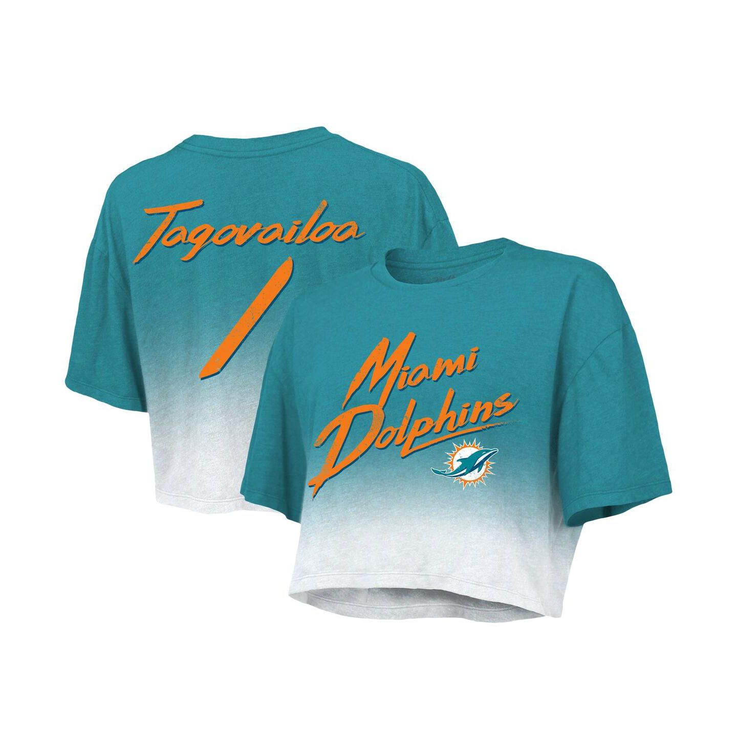 Женская футболка Majestic Threads Tua Tagovailoa Aqua, White Miami Dolphins Drip-Dye Player Name and Number Tri-Blend Crop — фото 2