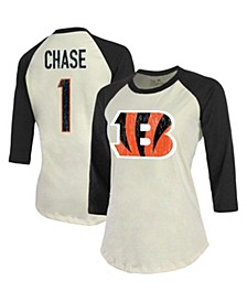 Women's Threads Ja'Marr Chase Cream, Black Cincinnati Bengals Name & Number Player Raglan 3/4 Sleeve T-shirt