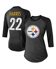 Women's Threads Najee Harris Black Pittsburgh Steelers Player Name and Number Raglan Tri-Blend 3/4-Sleeve T-shirt