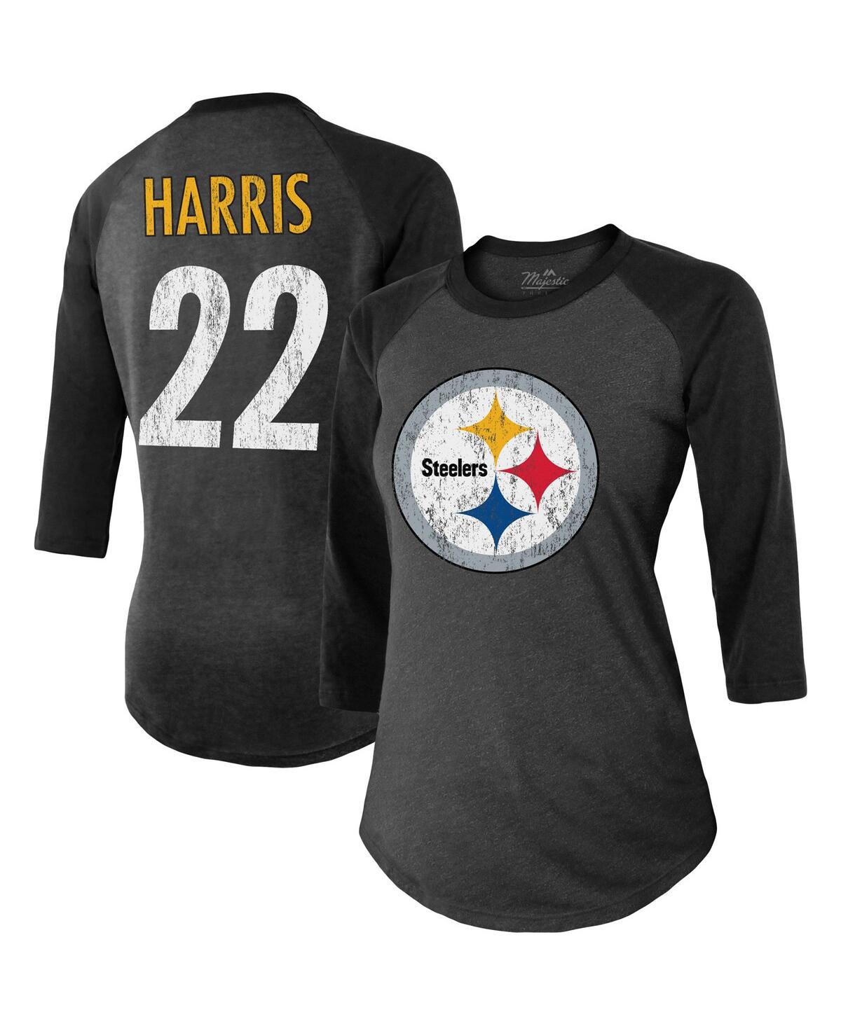 Women's Majestic Threads Najee Harris Black Pittsburgh Steelers Player Name and Number Raglan Tri-Blend 3/4-Sleeve T-shirt - Black