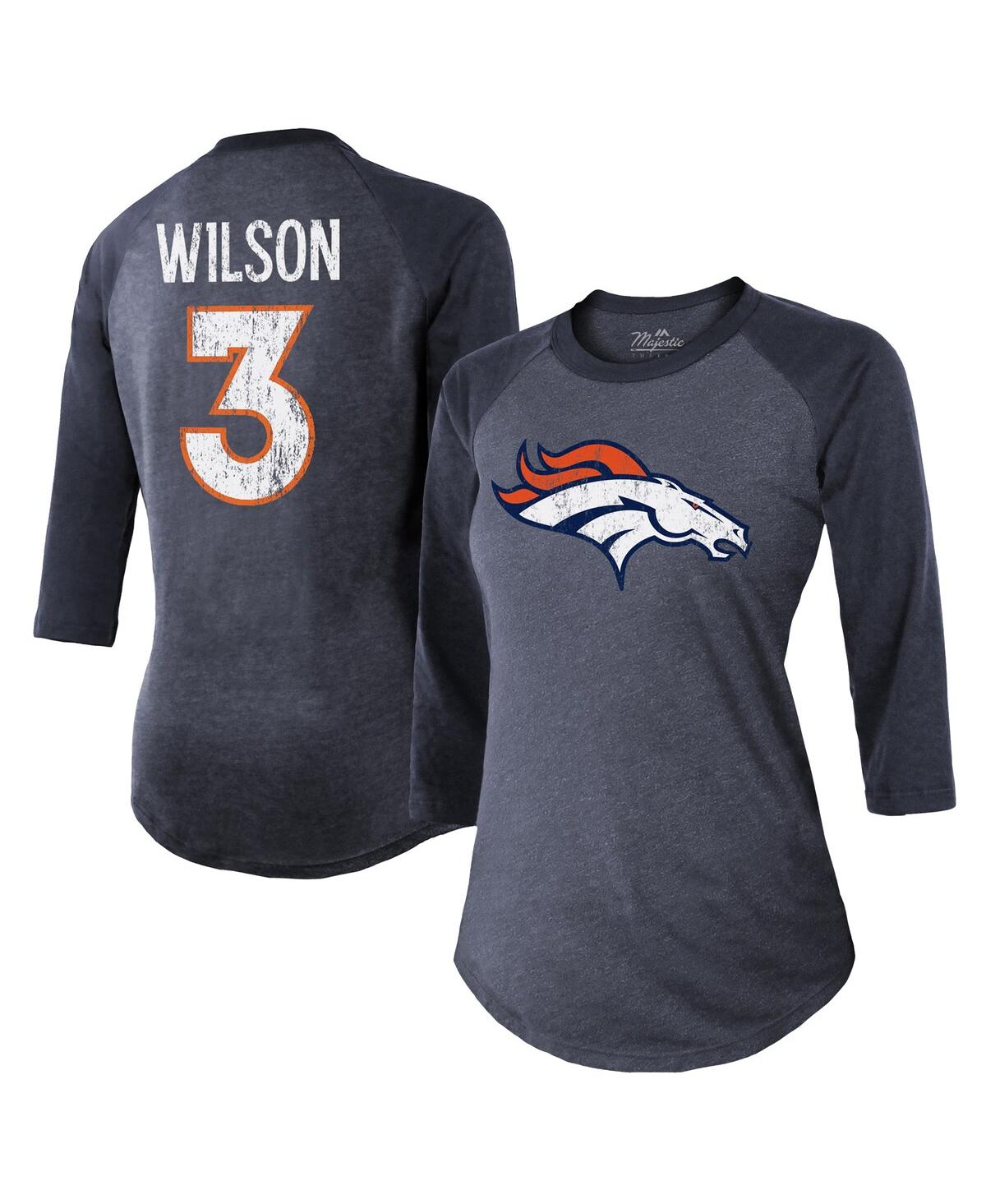 Shop Majestic Women's  Threads Russell Wilson Navy Denver Broncos Name & Number Raglan 3/4 Sleeve T-shirt