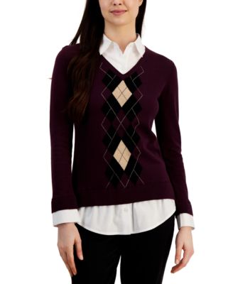 Tommy Hilfiger Women's Argyle Ivy V-Neck Sweater - Aubergine Multi - Size XXL