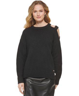 DKNY - Women's Cut-Out-Shoulder Sequined-Strap Ribbed Sweater