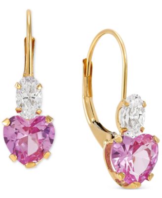 Lab-Grown Pink Sapphire (2 ct. t.w.) & Cubic Zirconia Heart Drop Earrings in 14k Gold