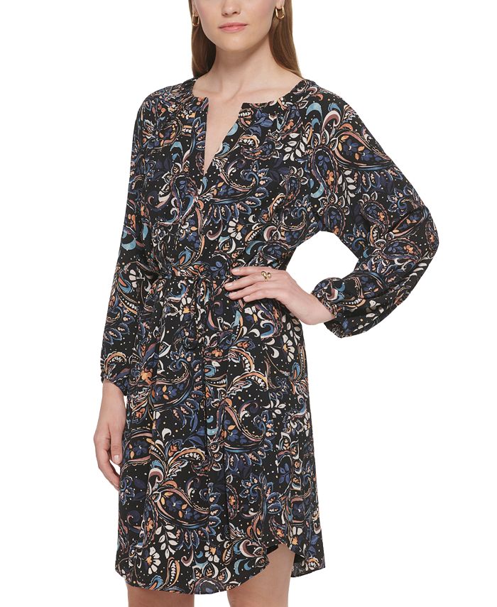 Vince Camuto Women's Printed Balloon-Sleeve Belted Dress - Macy's