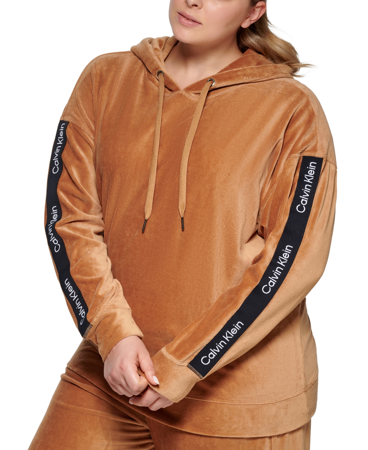  Calvin Klein Performance Plus Size Logo Tape Velour Hooded Sweatshirt