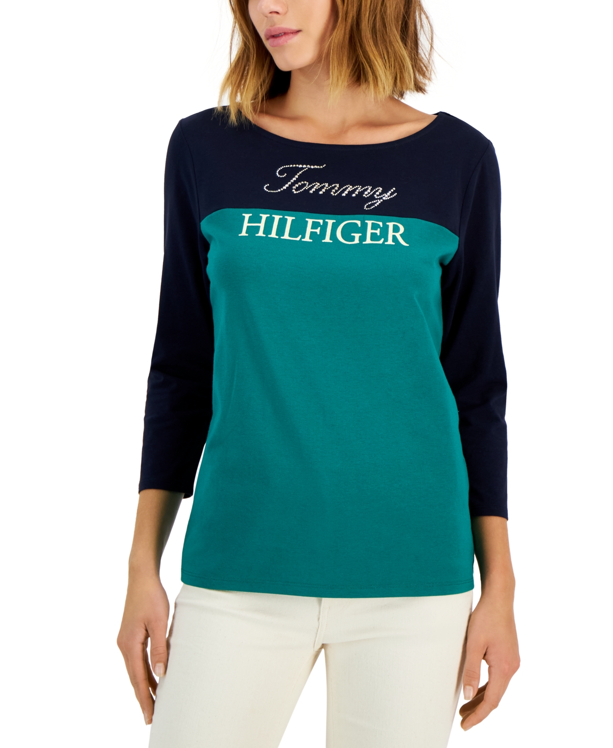 Tommy Hilfiger Women's Rhinestone Logo Colorblocked T-Shirt