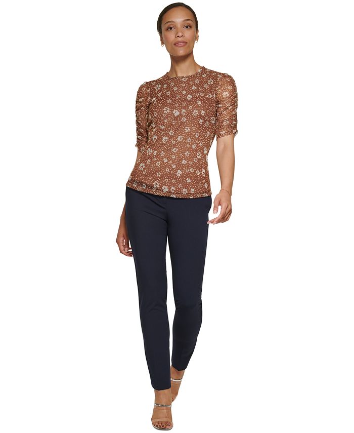 Crewneck cap sleeve ruched print top