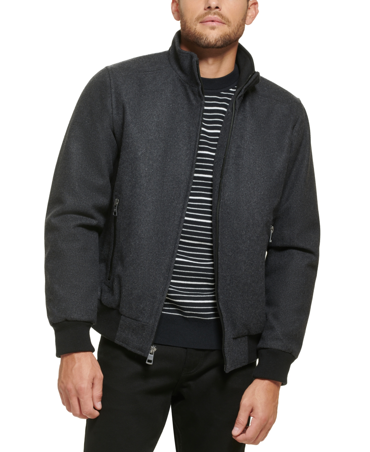 Men's Wool Bomber Jacket With Knit Trim - Charcoal