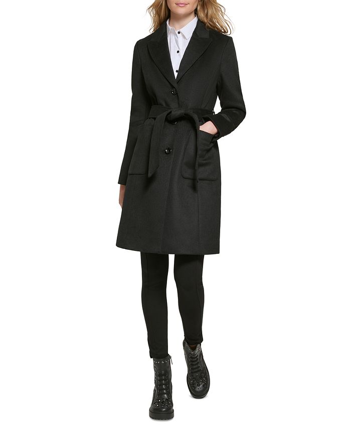 KARL LAGERFELD PARIS Women's Belted Notched-Collar Wrap Coat - Macy's