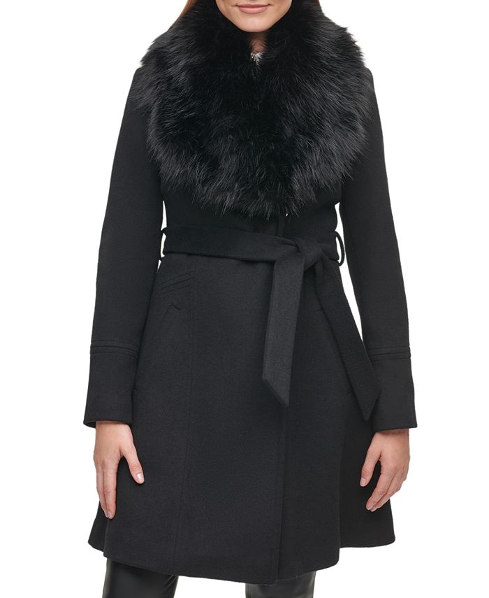 KARL LAGERFELD PARIS Women's Belted Faux-Fur-Collar Coat - Macy's
