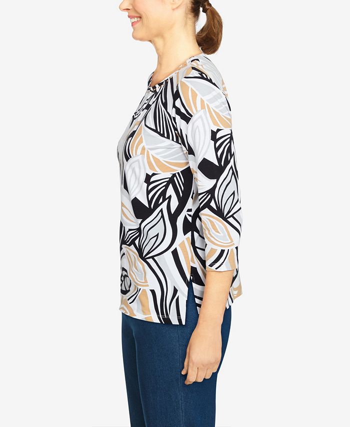 Alfred Dunner Tropical Leaf Border Print Split Neck Top- Petite