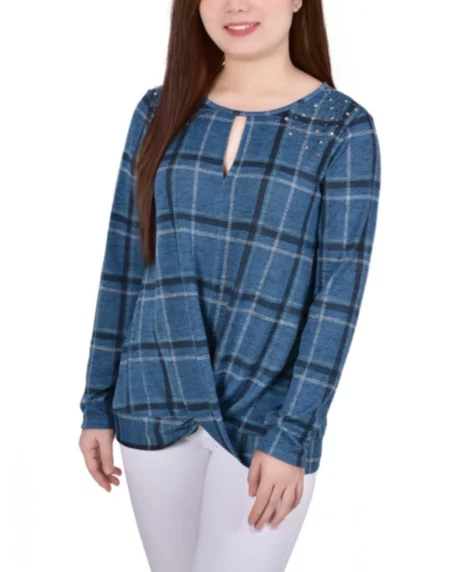 Petite Long Sleeve Knit Keyhole with Studs Top - Denim Plaid