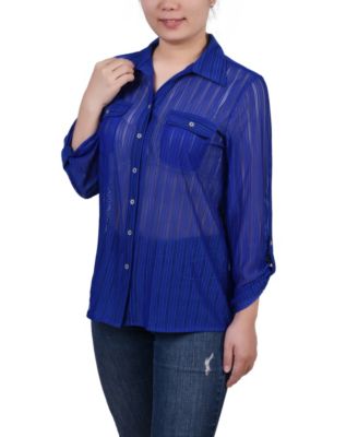 Petite Long Roll Tab Sleeve Burnout Knit Top