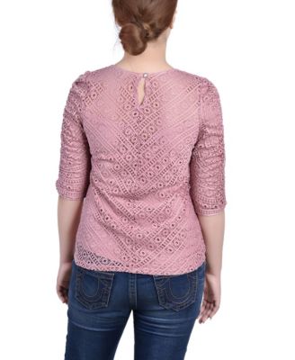Petite Rouched Sleeve Lace Top