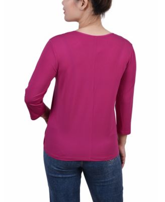 Petite 3/4 Sleeve Top with Illusion Neckline and Stones